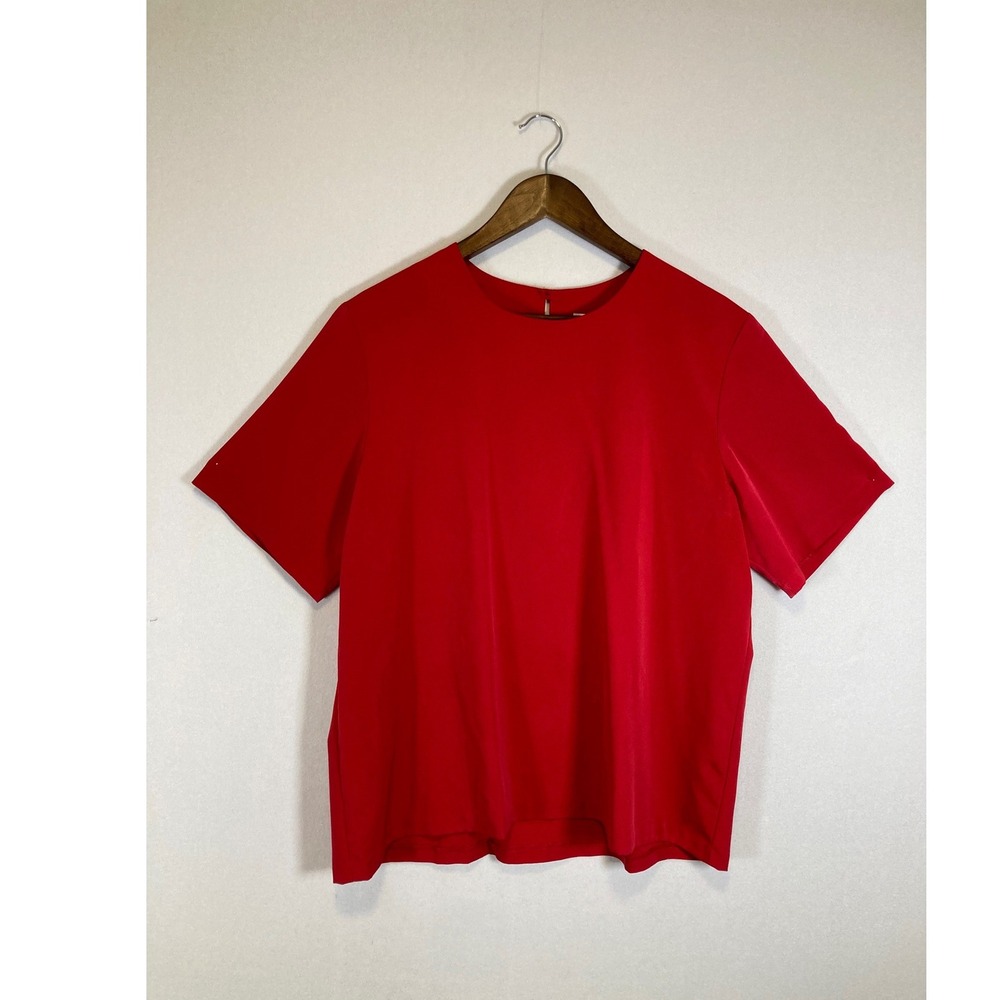 Minimalist‎ Susan Graver Style Women Large Red Short Sleeve Keyhole Back Blouse